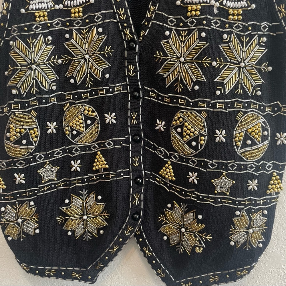 Claudia D Holiday Vest Womens XL Black Knit Gold Bead Button Front Vintage - Picture 3 of 9